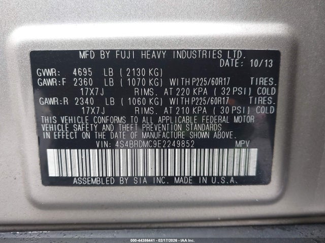 Subaru Outback 3.6r Limited 2014 4S4BRDMC9E2249852 Image 9