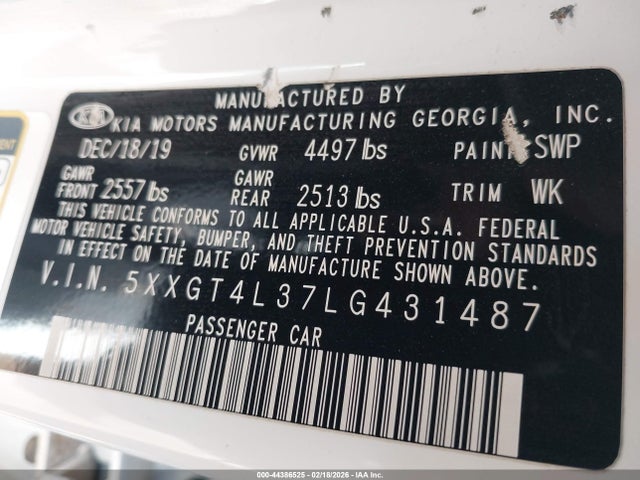 2020 Kia Optima Lx მანქანა იყიდება აუქციონზე, vin: 5XXGT4L37LG431487, აუქციონის ნომერი: 44386525