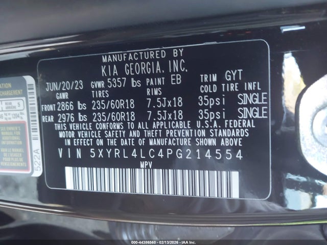 Aukcja sprzedaży 2023 Kia Sorento S, vin: 5XYRL4LC4PG214554, numer aukcji: 44386560
