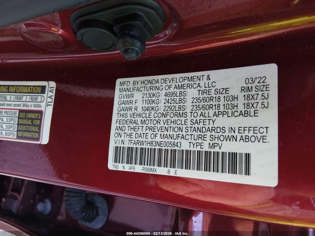 44386565 :رقم المزاد ، 7FARW1H83NE005843 vin ، 2022 Honda Cr-v 2wd Ex-l مزاد بيع