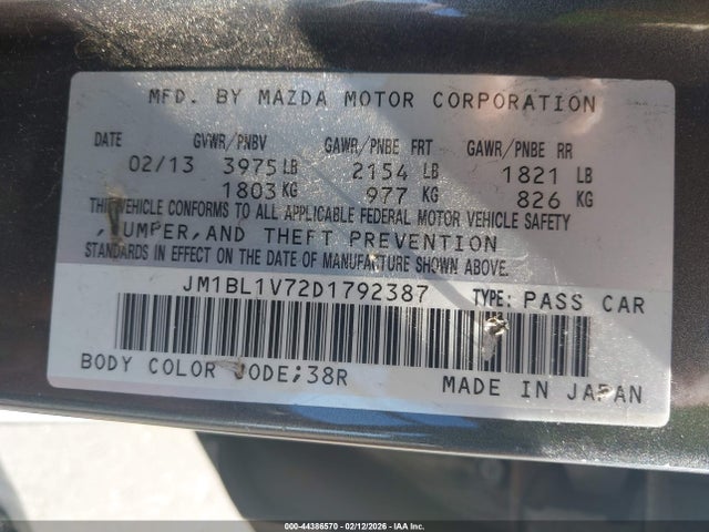 44386570 :رقم المزاد ، JM1BL1V72D1792387 vin ، 2013 Mazda Mazda3 I Touring مزاد بيع
