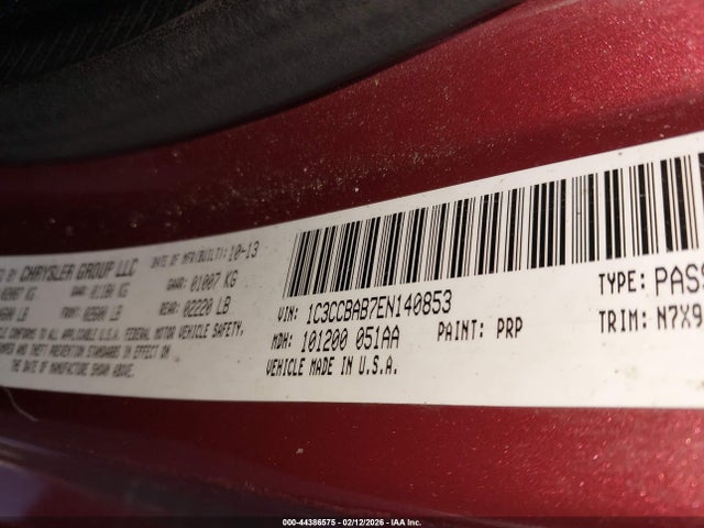 2014 Chrysler 200 Lx მანქანა იყიდება აუქციონზე, vin: 1C3CCBAB7EN140853, აუქციონის ნომერი: 44386575
