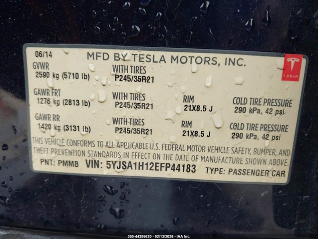 2014 Tesla Model S P85 მანქანა იყიდება აუქციონზე, vin: 5YJSA1H12EFP44183, აუქციონის ნომერი: 44386620