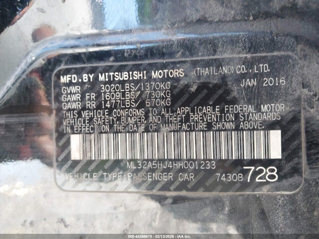 Продаж на аукціоні авто 2017 Mitsubishi Mirage Gt, vin: ML32A5HJ4HH001233, номер лоту: 44386670