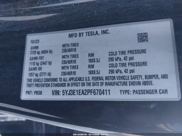 5YJ3E1EA2PF670411 Tesla Model 3 Rear-wheel Drive