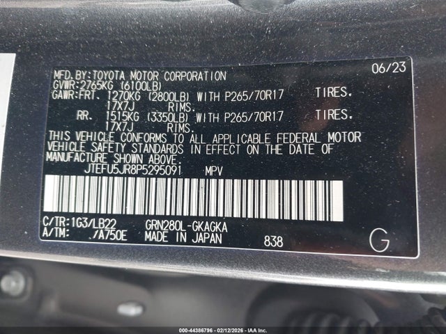 Aukcja sprzedaży 2023 Toyota 4runner, vin: JTEFU5JR8P5295091, numer aukcji: 44386796