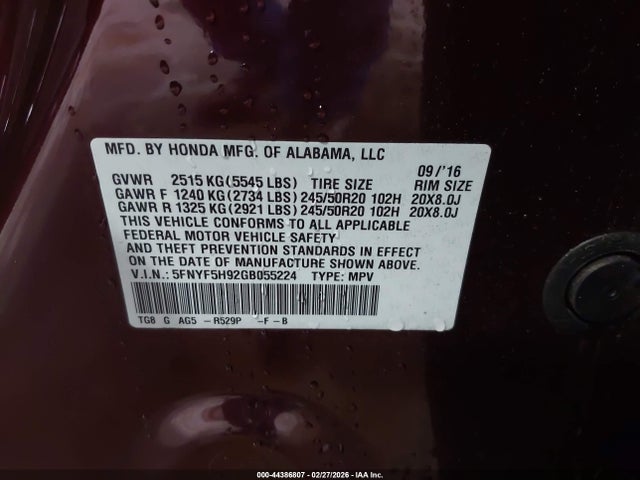 5FNYF5H92GB055224 Honda Pilot Touring