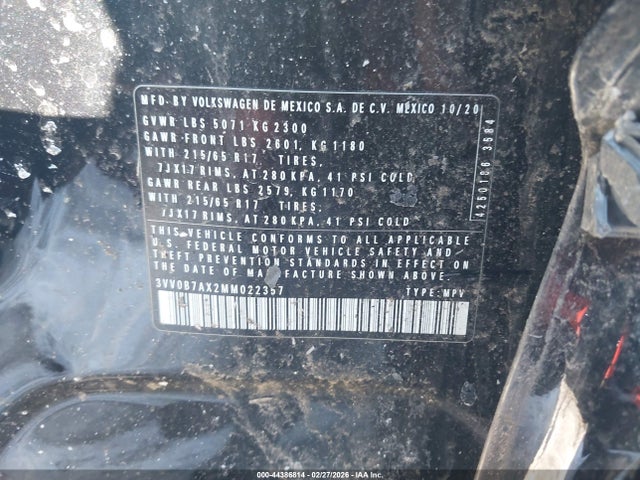 44386814 :رقم المزاد ، 3VV0B7AX2MM022357 vin ، 2021 Volkswagen Tiguan 2.0t S مزاد بيع