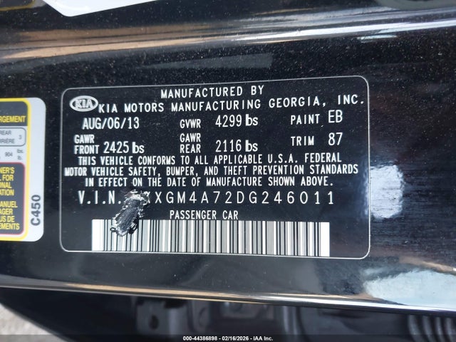 Продажа на аукционе авто 2013 Kia Optima Lx, vin: 5XXGM4A72DG246011, номер лота: 44386898