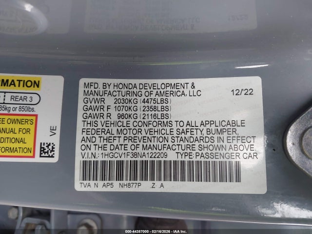 44387000 :رقم المزاد ، 1HGCV1F38NA122209 vin ، 2022 Honda Accord Sport مزاد بيع
