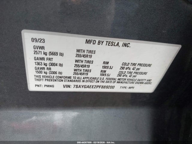 44387009 :رقم المزاد ، 7SAYGAEE2PF889200 vin ، 2023 Tesla Model Y Awd/long Range Dual Motor All-wheel Drive مزاد بيع
