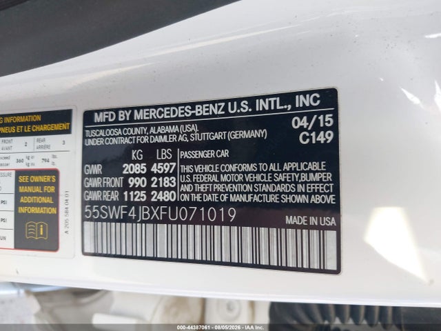 2015 Mercedes-benz C 300 მანქანა იყიდება აუქციონზე, vin: 55SWF4JBXFU071019, აუქციონის ნომერი: 44387061