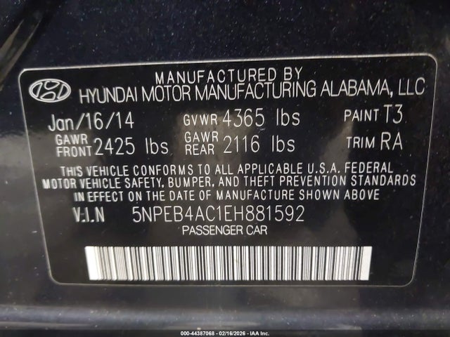44387068 :رقم المزاد ، 5NPEB4AC1EH881592 vin ، 2014 Hyundai Sonata Gls مزاد بيع