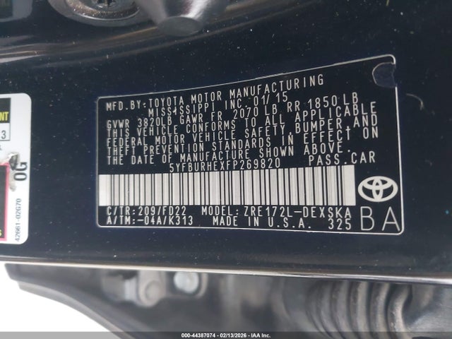 2015 Toyota Corolla S მანქანა იყიდება აუქციონზე, vin: 5YFBURHEXFP269820, აუქციონის ნომერი: 44387074