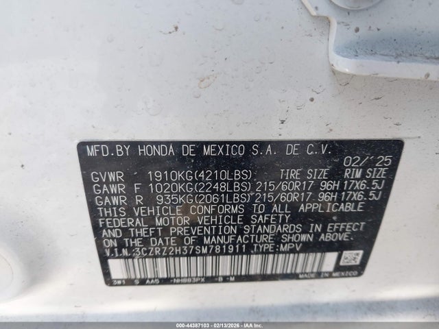 44387103 :رقم المزاد ، 3CZRZ2H37SM781911 vin ، 2025 Honda Hr-v Awd Lx مزاد بيع