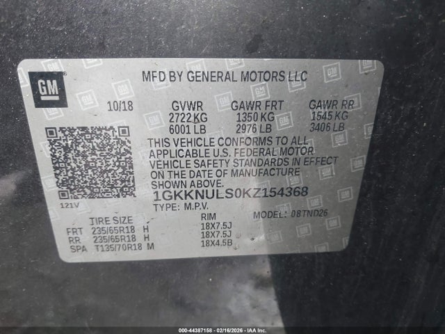 Aukcja sprzedaży 2019 Gmc Acadia Slt-1, vin: 1GKKNULS0KZ154368, numer aukcji: 44387158