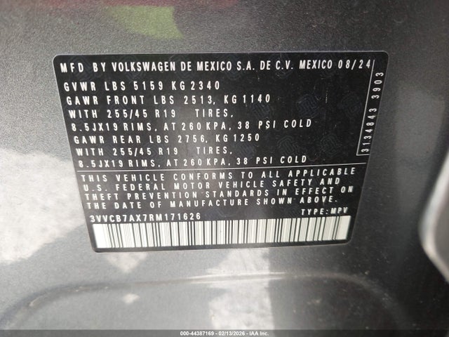 44387169 :رقم المزاد ، 3VVCB7AX7RM171626 vin ، 2024 Volkswagen Tiguan 2.0t Se R-line Black مزاد بيع