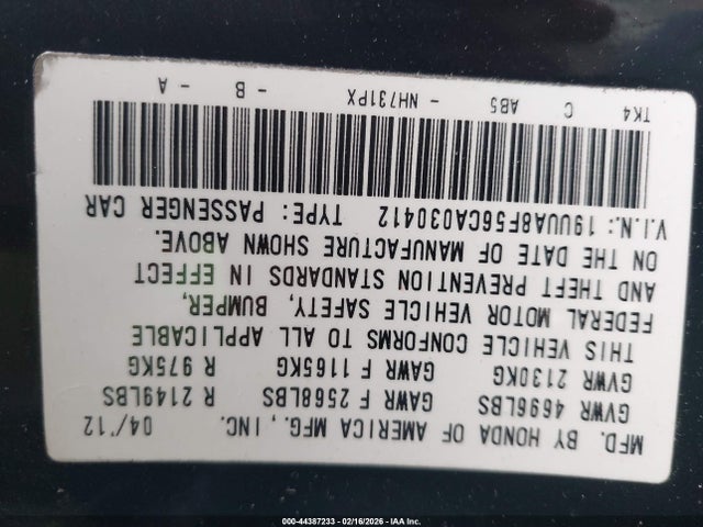 44387233 :رقم المزاد ، 19UUA8F56CA030412 vin ، 2012 Acura Tl 3.5 مزاد بيع