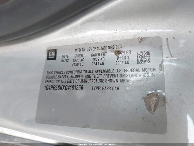 Продажа на аукционе авто 2012 Buick Verano Convenience Group, vin: 1G4PR5SKXC4181360, номер лота: 44387238