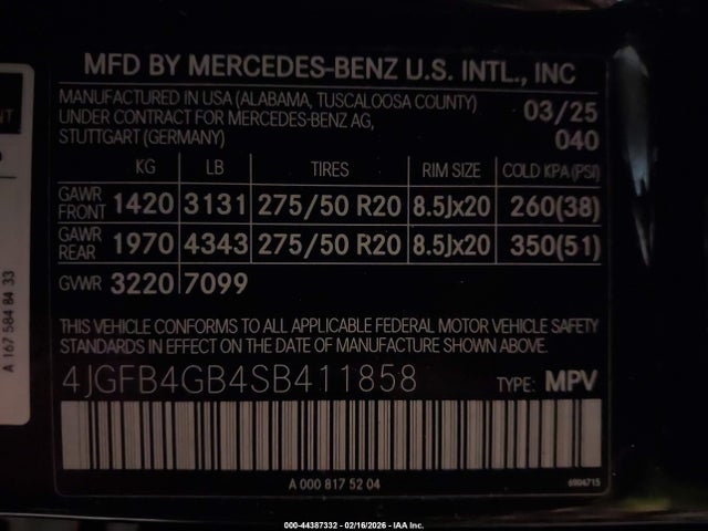 44387332 :رقم المزاد ، 4JGFB4GB4SB411858 vin ، 2025 Mercedes-benz Gle 450e 4matic مزاد بيع