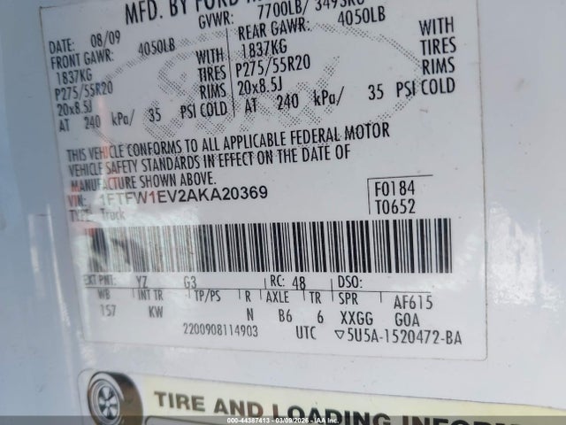44387413 :رقم المزاد ، 1FTFW1EV2AKA20369 vin ، 2010 Ford F-150 Fx4/harley-davidson/king Ranch/lariat/platinum/xl/xlt مزاد بيع