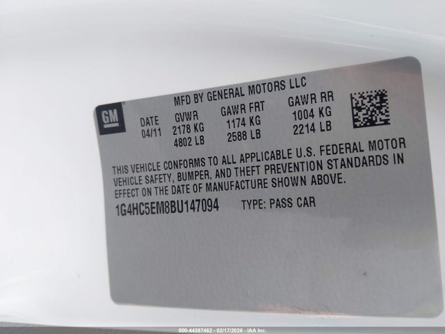 2011 Buick Lucerne Cxl მანქანა იყიდება აუქციონზე, vin: 1G4HC5EM8BU147094, აუქციონის ნომერი: 44387462