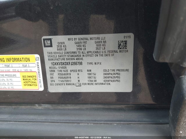 44387498 :رقم المزاد ، 1GKKVSKDXFJ266798 vin ، 2015 Gmc Acadia Slt-2 مزاد بيع
