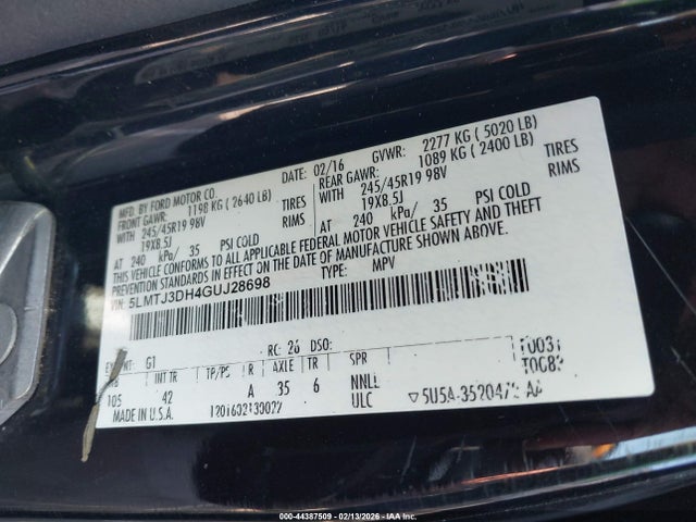 44387509 :رقم المزاد ، 5LMTJ3DH4GUJ28698 vin ، 2016 Lincoln Mkc Reserve مزاد بيع