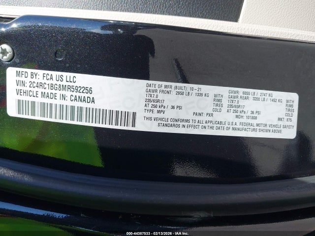 Продаж на аукціоні авто 2021 Chrysler Pacifica Touring L, vin: 2C4RC1BG8MR592256, номер лоту: 44387533