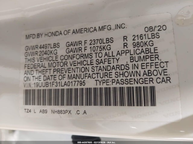 2020 Acura Tlx Standard მანქანა იყიდება აუქციონზე, vin: 19UUB1F31LA017795, აუქციონის ნომერი: 44387605