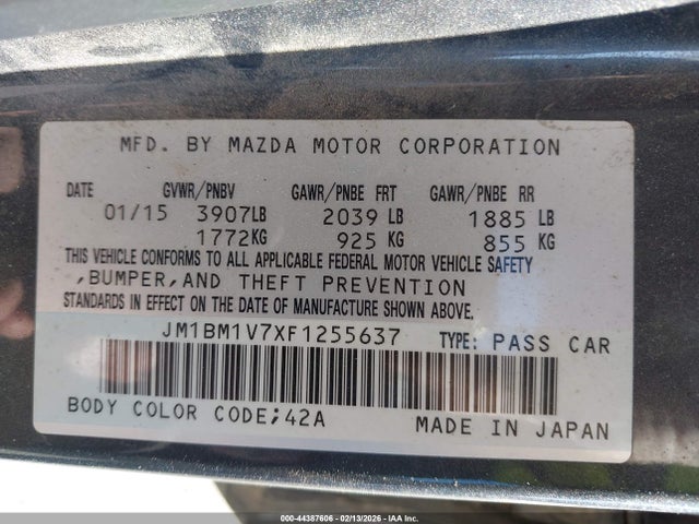 2015 Mazda Mazda3 I Touring მანქანა იყიდება აუქციონზე, vin: JM1BM1V7XF1255637, აუქციონის ნომერი: 44387606