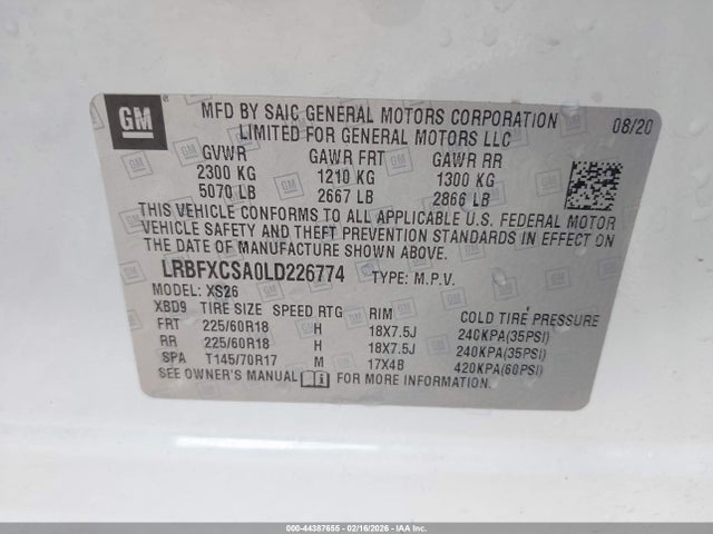 44387655 :رقم المزاد ، LRBFXCSA0LD226774 vin ، 2020 Buick Envision Fwd Essence مزاد بيع