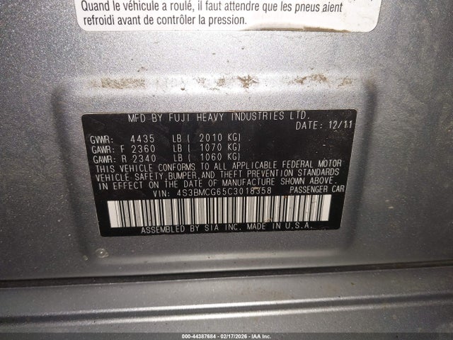 2012 Subaru Legacy 2.5i Premium მანქანა იყიდება აუქციონზე, vin: 4S3BMCG65C3018358, აუქციონის ნომერი: 44387684