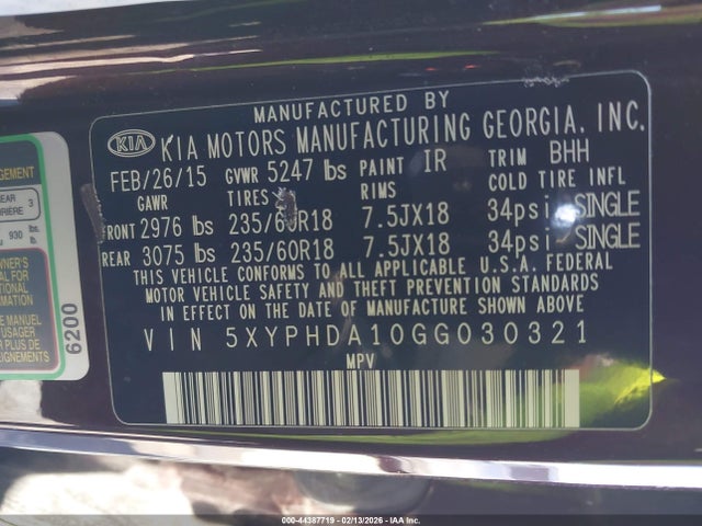 Aukcja sprzedaży 2016 Kia Sorento 2.0t Ex, vin: 5XYPHDA10GG030321, numer aukcji: 44387719