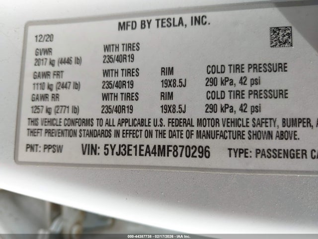 Aukcja sprzedaży 2021 Tesla Model 3 Standard Range Plus Rear-wheel Drive, vin: 5YJ3E1EA4MF870296, numer aukcji: 44387738