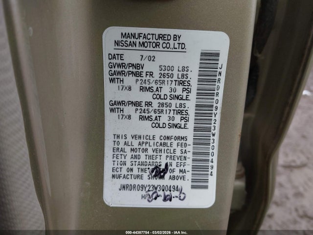 Aukcja sprzedaży 2003 Infiniti Qx4 Luxury, vin: JNRDR09Y23W300494, numer aukcji: 44387754