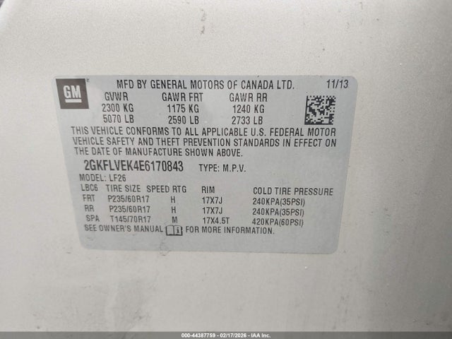 Aukcja sprzedaży 2014 Gmc Terrain Sle-1, vin: 2GKFLVEK4E6170843, numer aukcji: 44387759