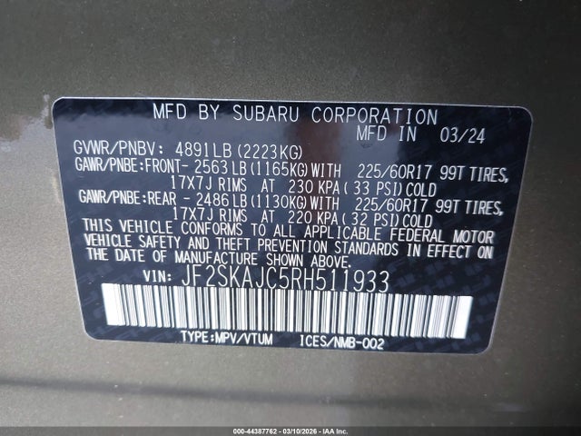 2024 Subaru Forester Wilderness მანქანა იყიდება აუქციონზე, vin: JF2SKAJC5RH511933, აუქციონის ნომერი: 44387762
