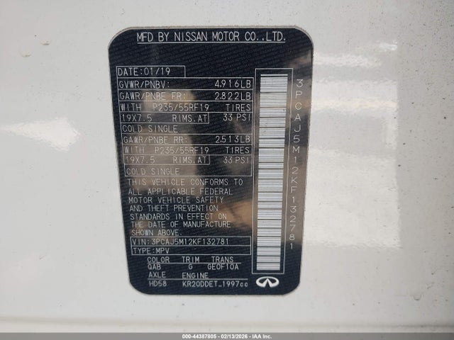 Aukcja sprzedaży 2019 Infiniti Qx50 Luxe, vin: 3PCAJ5M12KF132781, numer aukcji: 44387805