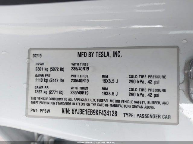Продажа на аукционе авто 2019 Tesla Model 3 Long Range/performance, vin: 5YJ3E1EB9KF434128, номер лота: 44387949