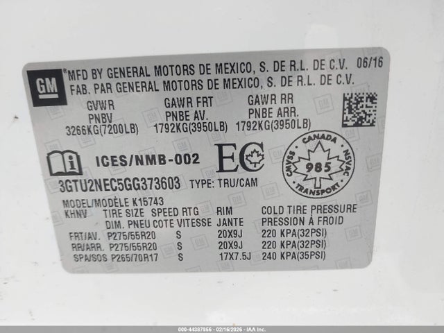Aukcja sprzedaży 2016 Gmc Sierra 1500 Slt, vin: 3GTU2NEC5GG373603, numer aukcji: 44387956