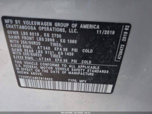 2019 VOLKSWAGEN ATLAS 1V2XR2CA6KC619402 Photo 8