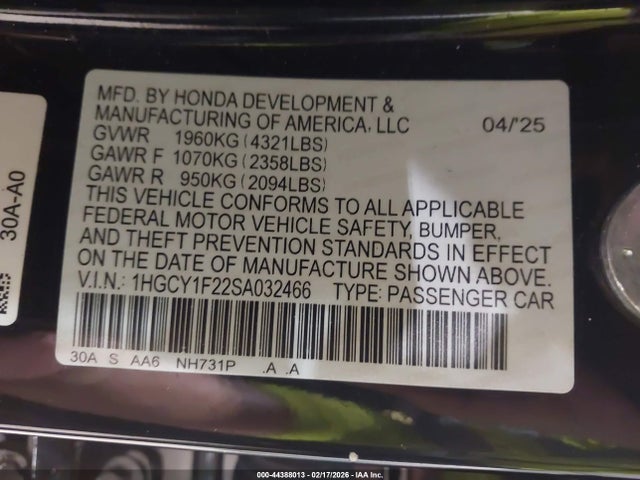 44388013 :رقم المزاد ، 1HGCY1F22SA032466 vin ، 2025 Honda Accord Lx مزاد بيع