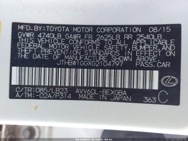2016 LEXUS ES 300H JTHBW1GGXG2104797 Photo 8