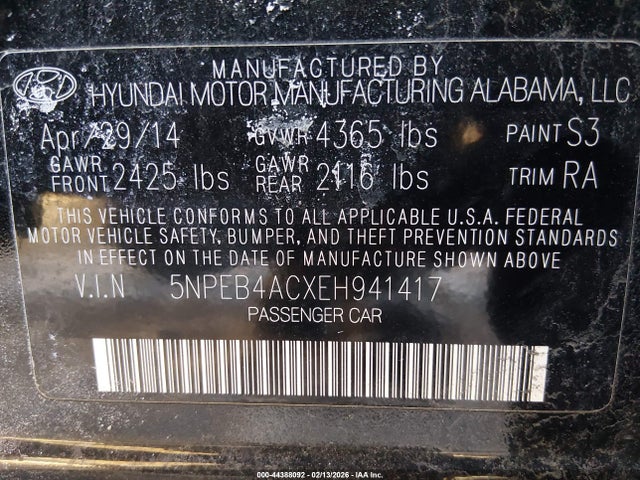 Aukcja sprzedaży 2014 Hyundai Sonata Gls, vin: 5NPEB4ACXEH941417, numer aukcji: 44388092