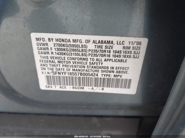 44388103 :رقم المزاد ، 5FNYF18557B005424 vin ، 2007 Honda Pilot Ex-l مزاد بيع