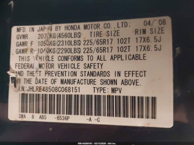 44388161 :رقم المزاد ، JHLRE48508C068151 vin ، 2008 Honda Cr-v Ex مزاد بيع