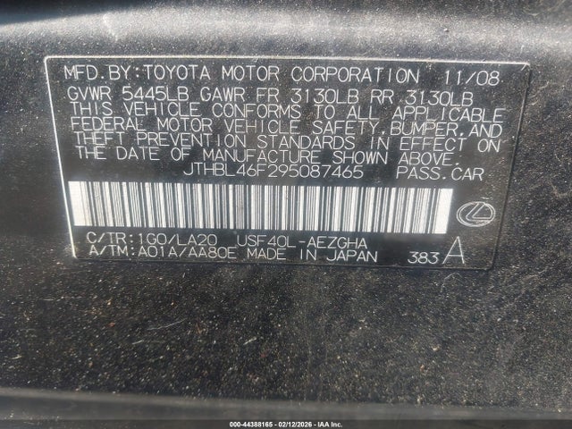 Продаж на аукціоні авто 2009 Lexus Ls 460, vin: JTHBL46F295087465, номер лоту: 44388165
