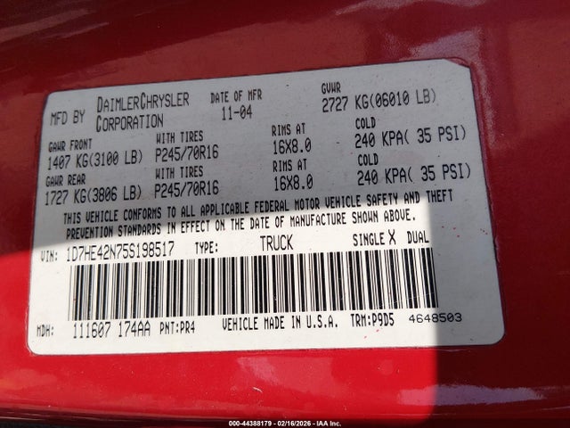 Продажа на аукционе авто 2005 Dodge Dakota Slt, vin: 1D7HE42N75S198517, номер лота: 44388179