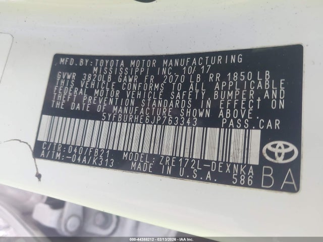 Aukcja sprzedaży 2018 Toyota Corolla Le, vin: 5YFBURHE6JP763343, numer aukcji: 44388212